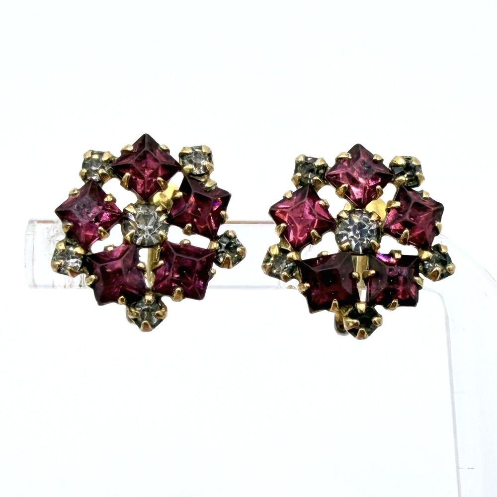 Vintage Harper Ruby Red Rhinestone Earrings 12K Gold Filled Screw Back